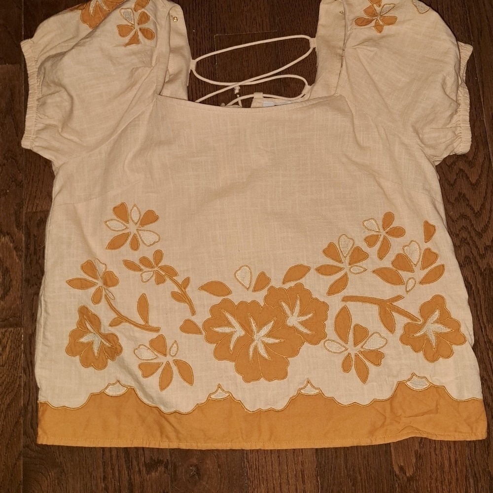Madewell‎ Embroidered Scallop-Hem Puff-Sleeve Top NL039 Pink Mustard M - Picture 5 of 12